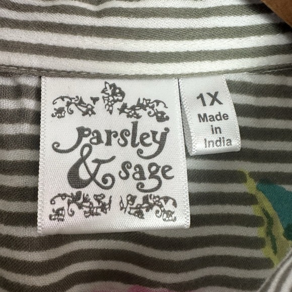 Parsley & Sage Button Up Shirt Tunic Womens 1X Stripe Floral 3/4 Sleeve Boho Art - Picture 2 of 9